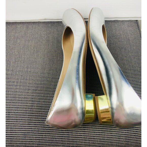 J Crew Italian womens shoes all leather flat slip on low front silver/gold heel - Picture 2 of 11